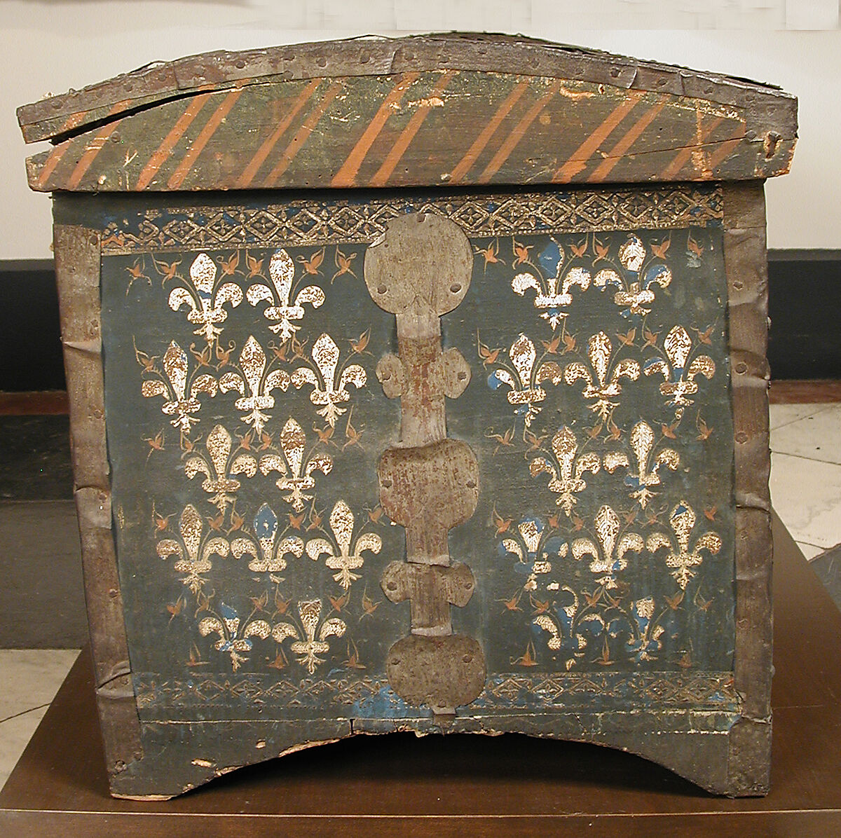 Cassone with Fleur-de-Lis Pattern, Wood, raised gesso, metal foil and iron mounts, Italian