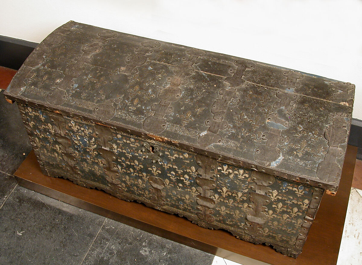 Cassone with Fleur-de-Lis Pattern, Wood, raised gesso, metal foil and iron mounts, Italian