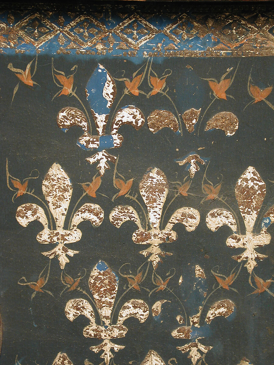 Cassone with Fleur-de-Lis Pattern, Wood, raised gesso, metal foil and iron mounts, Italian