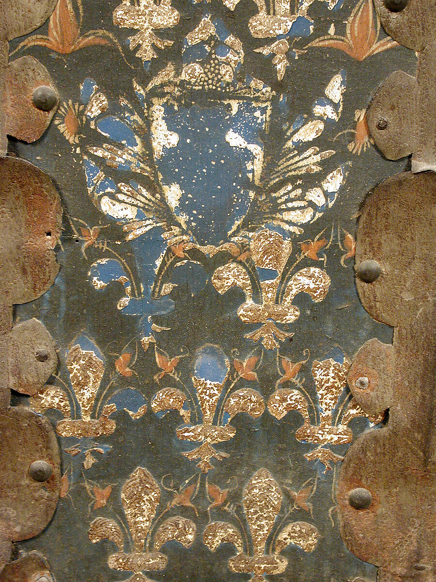 Cassone with Fleur-de-Lis Pattern, Wood, raised gesso, metal foil and iron mounts, Italian