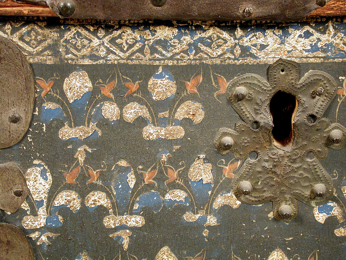 Cassone with Fleur-de-Lis Pattern, Wood, raised gesso, metal foil and iron mounts, Italian