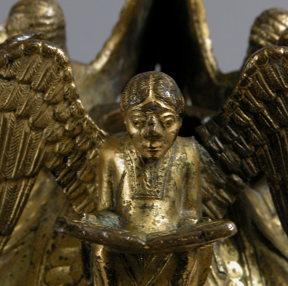 Base of an Altar Cross with Reading Angels Sitting on Dragons and Standing Church Fathers, Copper alloy, cast and gilt, North Italian