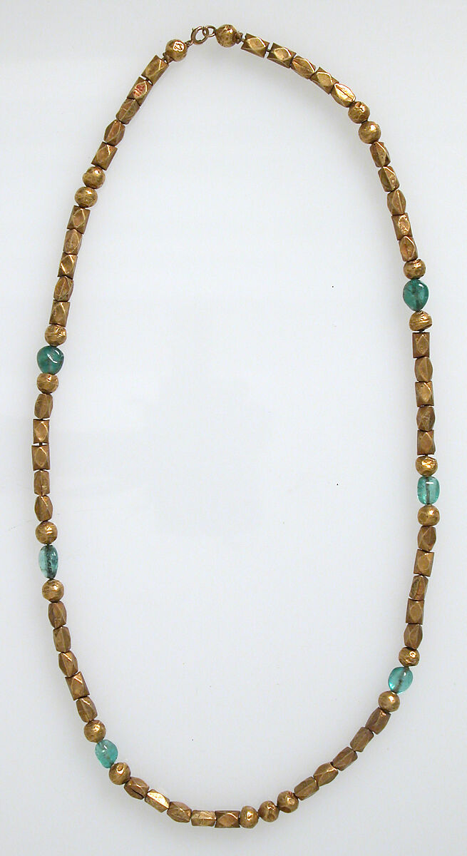 Necklace, Gold beads, green gems, Roman (?) 