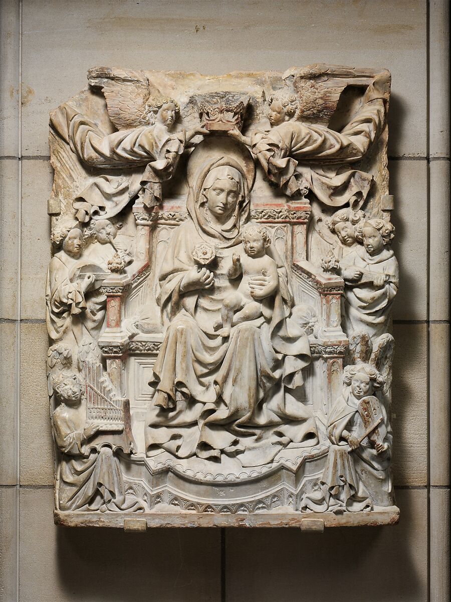 Relief with Enthroned Virgin and Child surrounded by Angels, Limestone (Wackestone from Veneto or Friuli), traces of polychromy, North Italian 