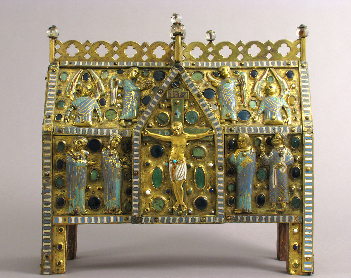 Chasse with the Life of Christ, Copper (plaques): engraved, stamped, and gilt; (appliqués): repossé, engraved, chased, scraped, and gilt; champlevé enamel: dark and medium blue, turquoise, light green, red, and white; glass cabochons; wood core., French 