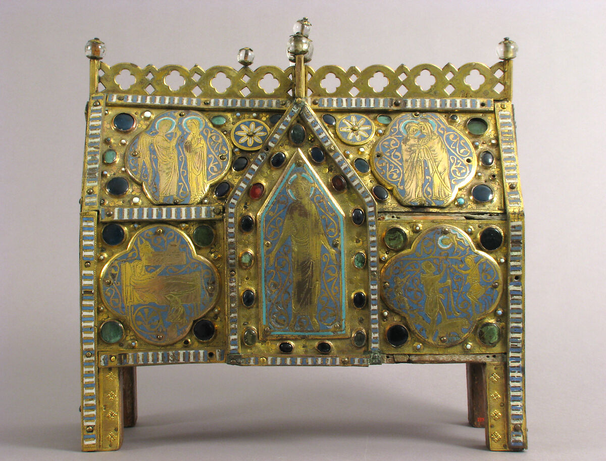 Chasse with the Life of Christ, Copper (plaques): engraved, stamped, and gilt; (appliqués): repossé, engraved, chased, scraped, and gilt; champlevé enamel: dark and medium blue, turquoise, light green, red, and white; glass cabochons; wood core., French