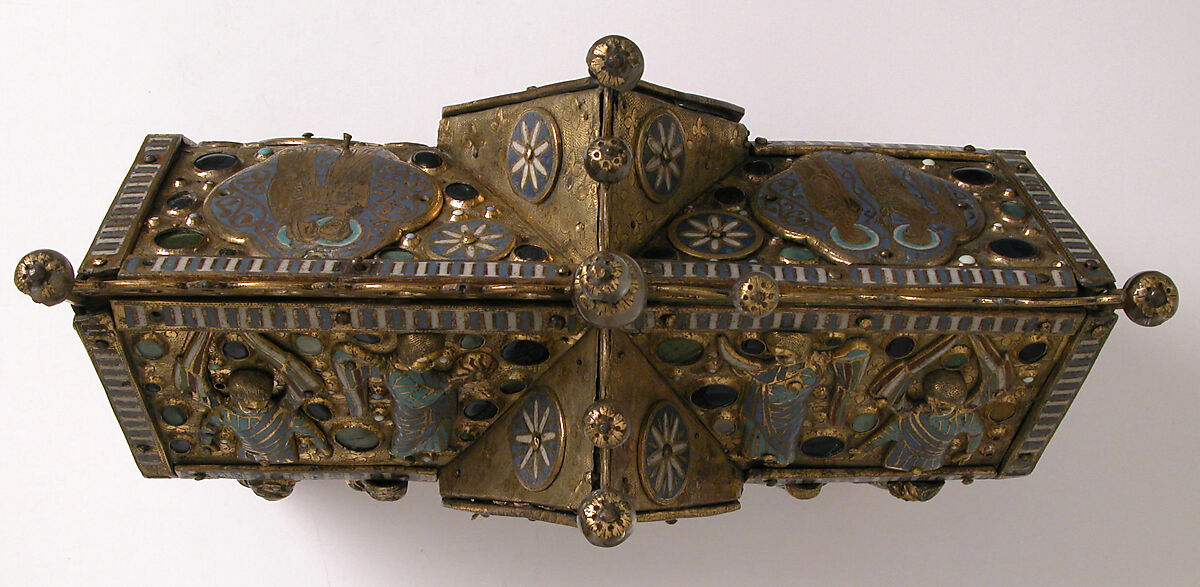 Chasse with the Life of Christ, Copper (plaques): engraved, stamped, and gilt; (appliqués): repossé, engraved, chased, scraped, and gilt; champlevé enamel: dark and medium blue, turquoise, light green, red, and white; glass cabochons; wood core., French
