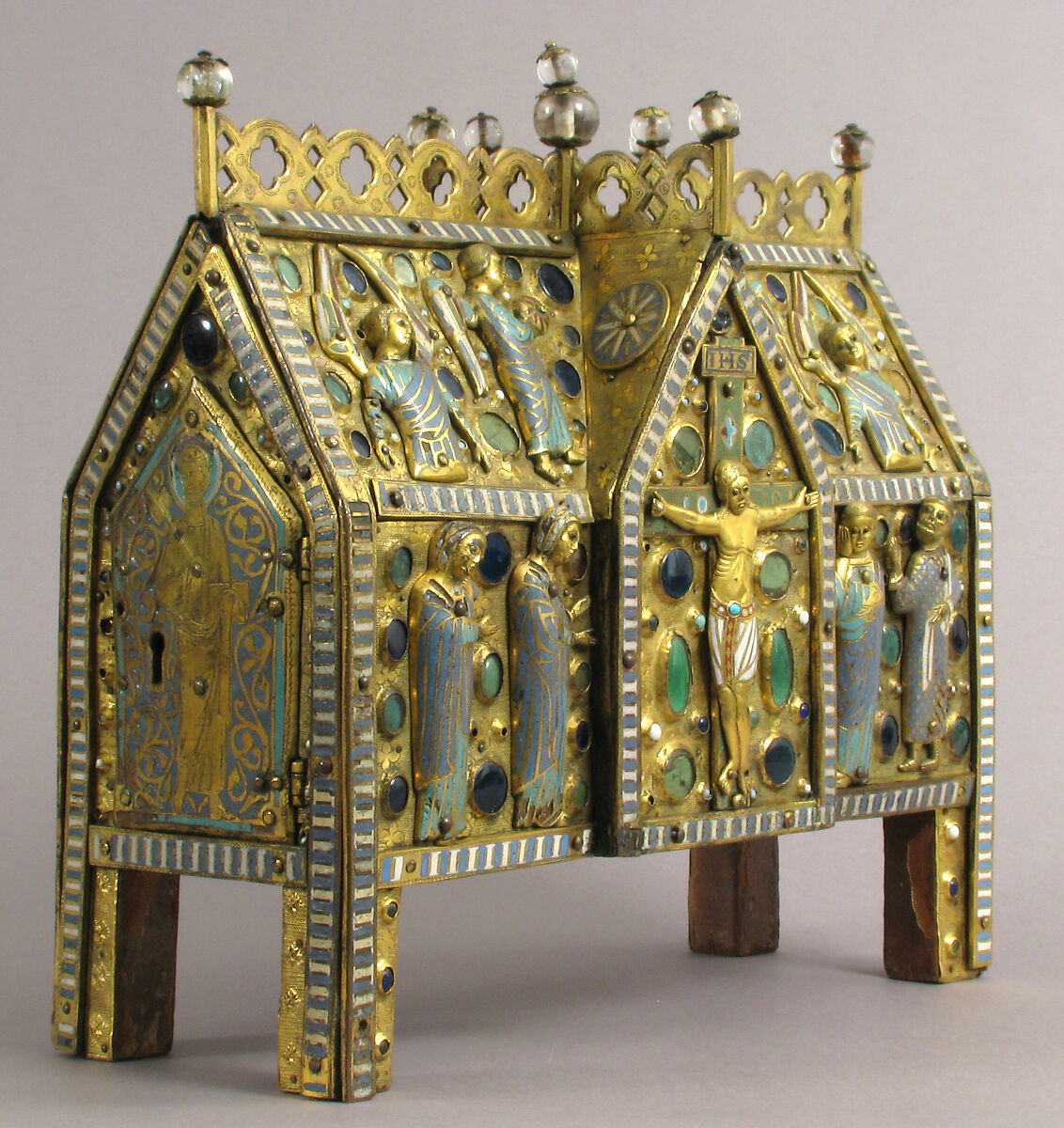 Chasse with the Life of Christ, Copper (plaques): engraved, stamped, and gilt; (appliqués): repossé, engraved, chased, scraped, and gilt; champlevé enamel: dark and medium blue, turquoise, light green, red, and white; glass cabochons; wood core., French