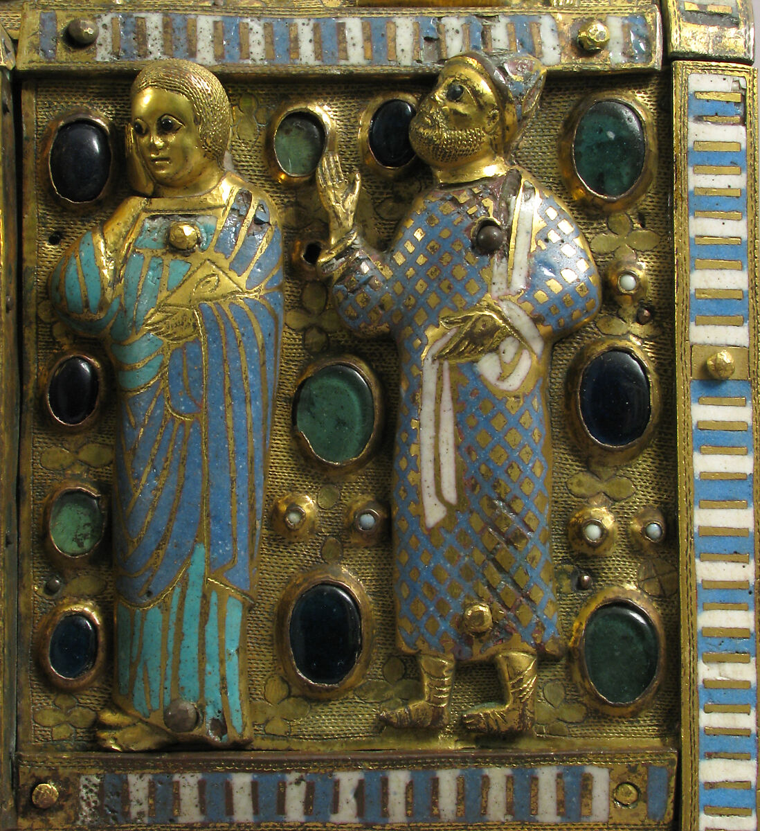 Chasse with the Life of Christ, Copper (plaques): engraved, stamped, and gilt; (appliqués): repossé, engraved, chased, scraped, and gilt; champlevé enamel: dark and medium blue, turquoise, light green, red, and white; glass cabochons; wood core., French
