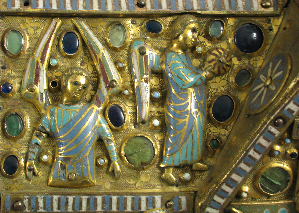 Chasse with the Life of Christ, Copper (plaques): engraved, stamped, and gilt; (appliqués): repossé, engraved, chased, scraped, and gilt; champlevé enamel: dark and medium blue, turquoise, light green, red, and white; glass cabochons; wood core., French