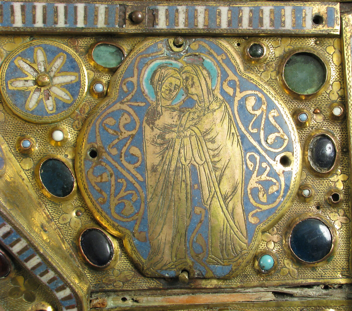 Chasse with the Life of Christ, Copper (plaques): engraved, stamped, and gilt; (appliqués): repossé, engraved, chased, scraped, and gilt; champlevé enamel: dark and medium blue, turquoise, light green, red, and white; glass cabochons; wood core., French