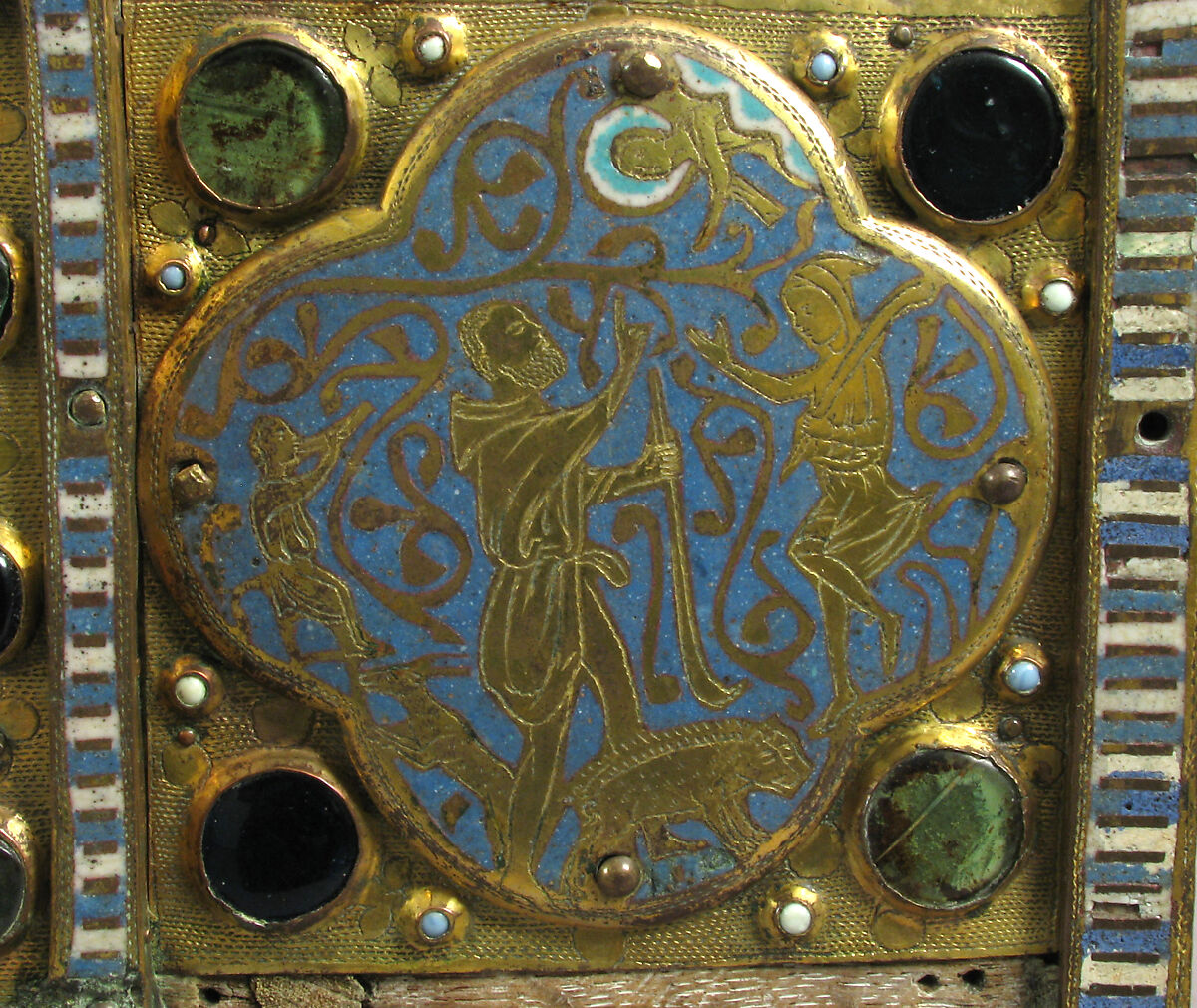 Chasse with the Life of Christ, Copper (plaques): engraved, stamped, and gilt; (appliqués): repossé, engraved, chased, scraped, and gilt; champlevé enamel: dark and medium blue, turquoise, light green, red, and white; glass cabochons; wood core., French