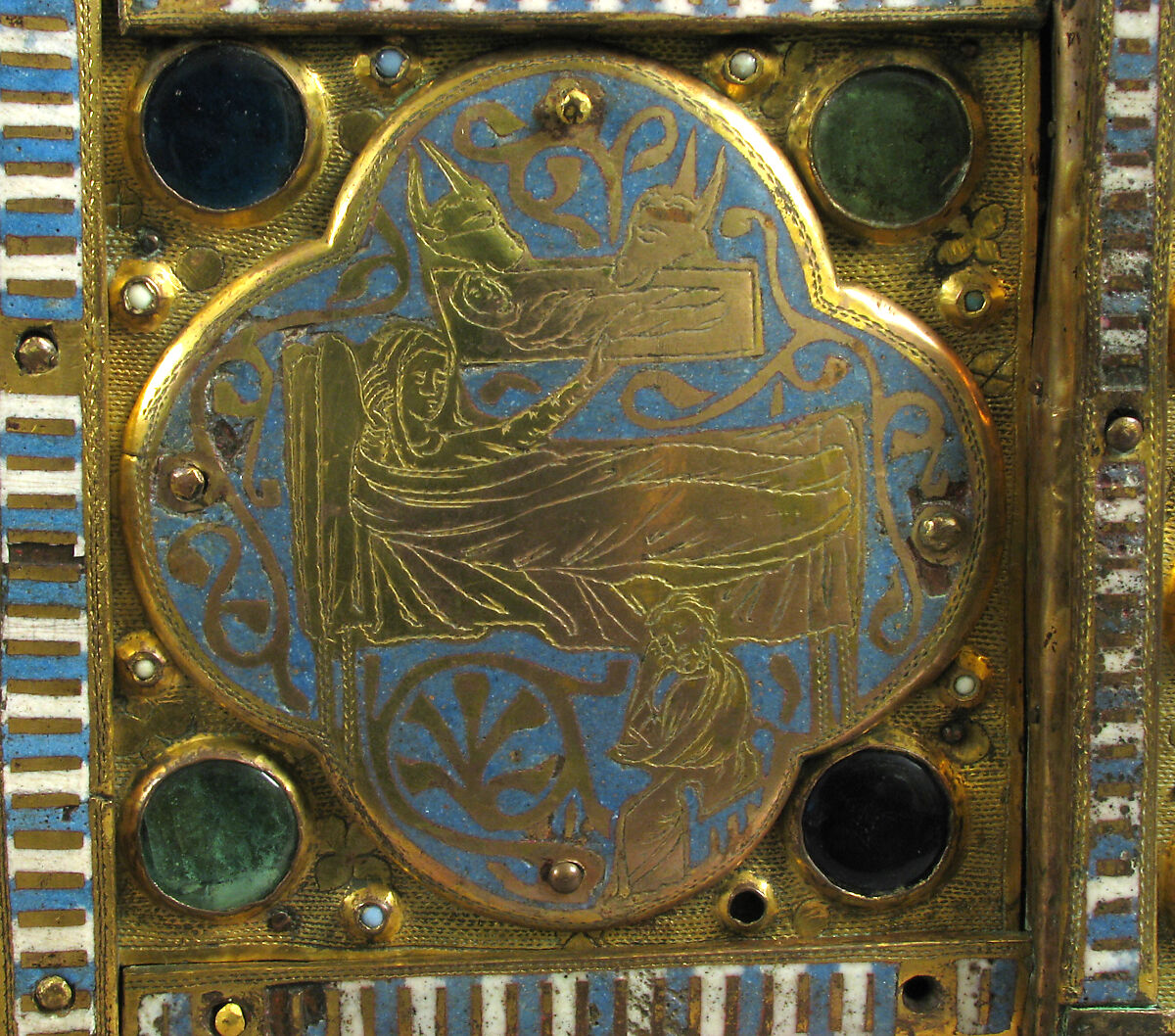 Chasse with the Life of Christ, Copper (plaques): engraved, stamped, and gilt; (appliqués): repossé, engraved, chased, scraped, and gilt; champlevé enamel: dark and medium blue, turquoise, light green, red, and white; glass cabochons; wood core., French