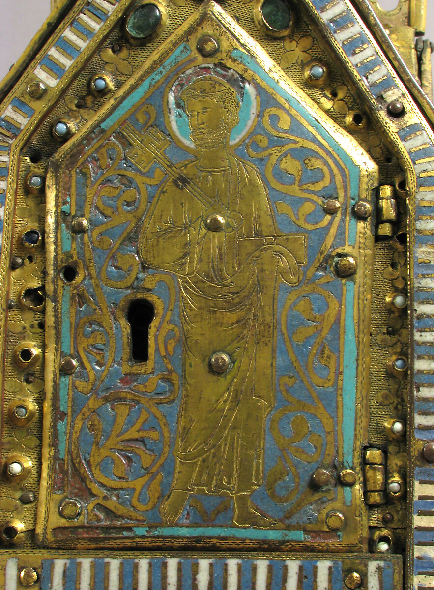 Chasse with the Life of Christ, Copper (plaques): engraved, stamped, and gilt; (appliqués): repossé, engraved, chased, scraped, and gilt; champlevé enamel: dark and medium blue, turquoise, light green, red, and white; glass cabochons; wood core., French