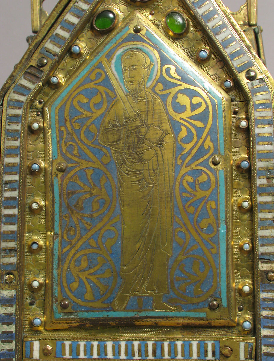 Chasse with the Life of Christ, Copper (plaques): engraved, stamped, and gilt; (appliqués): repossé, engraved, chased, scraped, and gilt; champlevé enamel: dark and medium blue, turquoise, light green, red, and white; glass cabochons; wood core., French