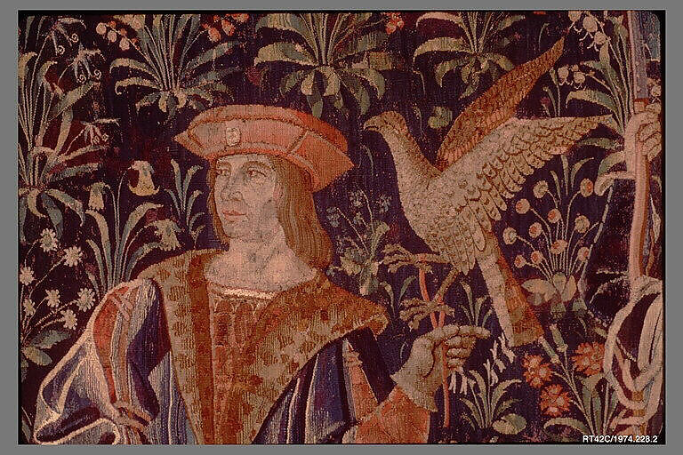 Falconer with Two Ladies, a Page, and a Foot Soldier, Wool warp;  wool and silk wefts, South Netherlandish