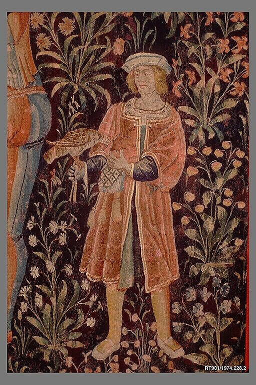 Falconer with Two Ladies, a Page, and a Foot Soldier, Wool warp;  wool and silk wefts, South Netherlandish