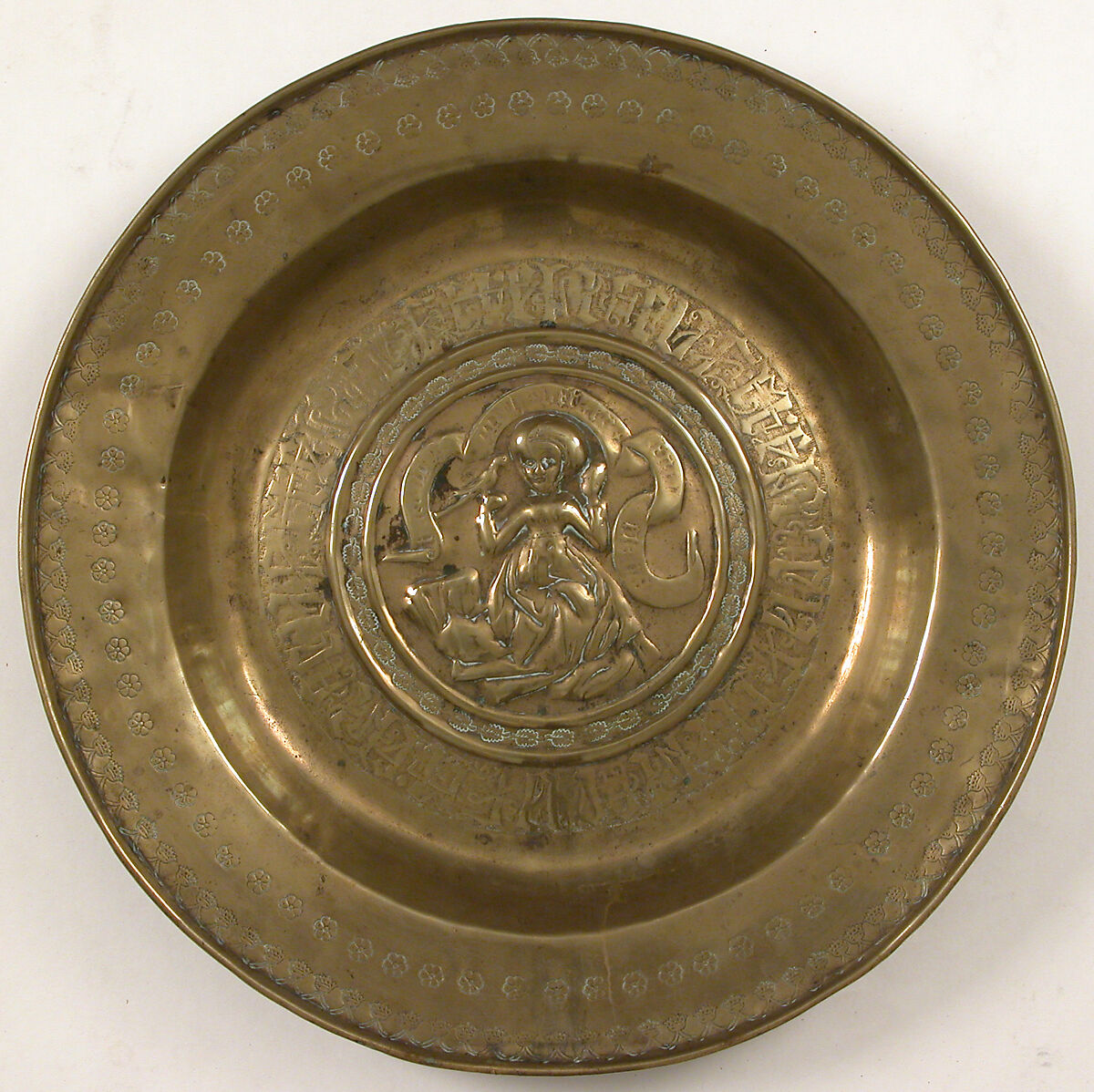 Plate, Woman Holding Bird and Inscription, Brass, Netherlandish 