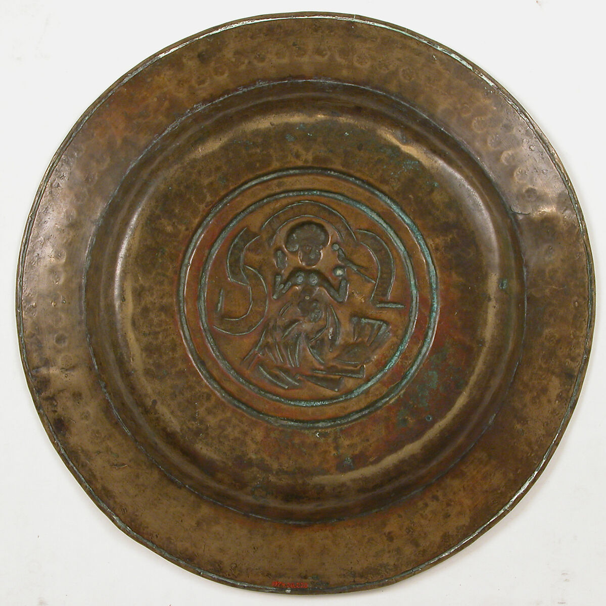 Plate, Woman Holding Bird and Inscription, Brass, Netherlandish