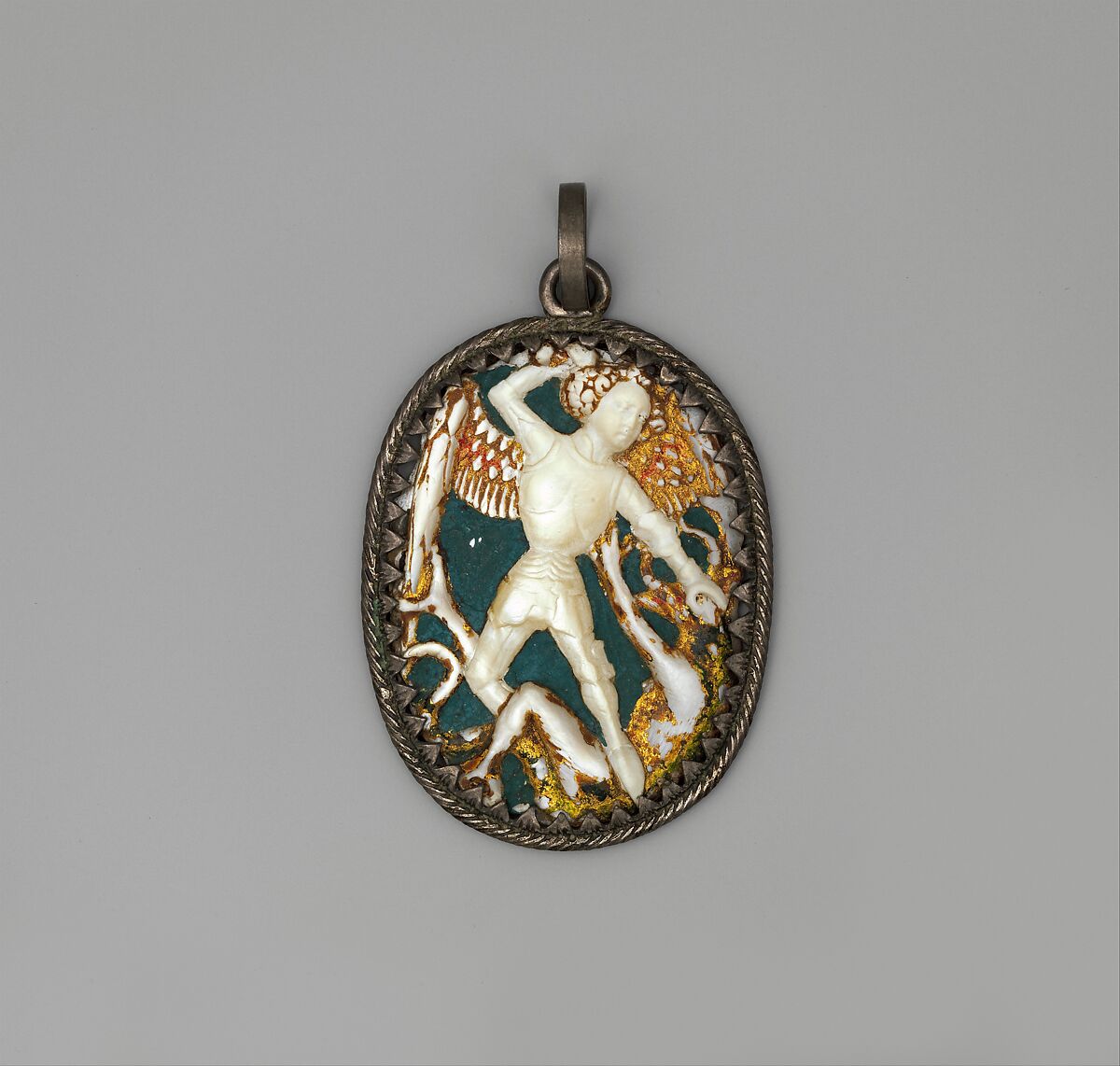 Pendant Medallion with Michael Slaying the Dragon, Mother of pearl, tempera, and silver, French 