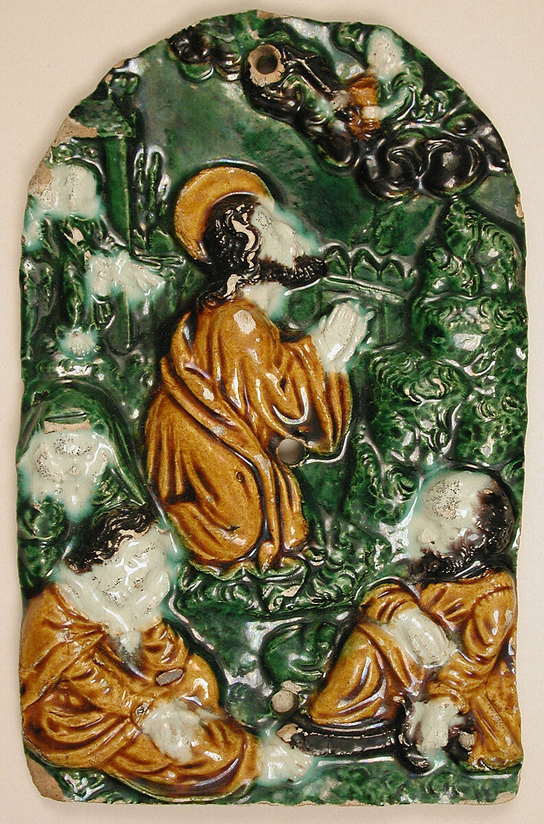 Plaque, Christ and Disciples at Gethsemane, Earthenware, glazed & polychrome (Hafner ware), German 