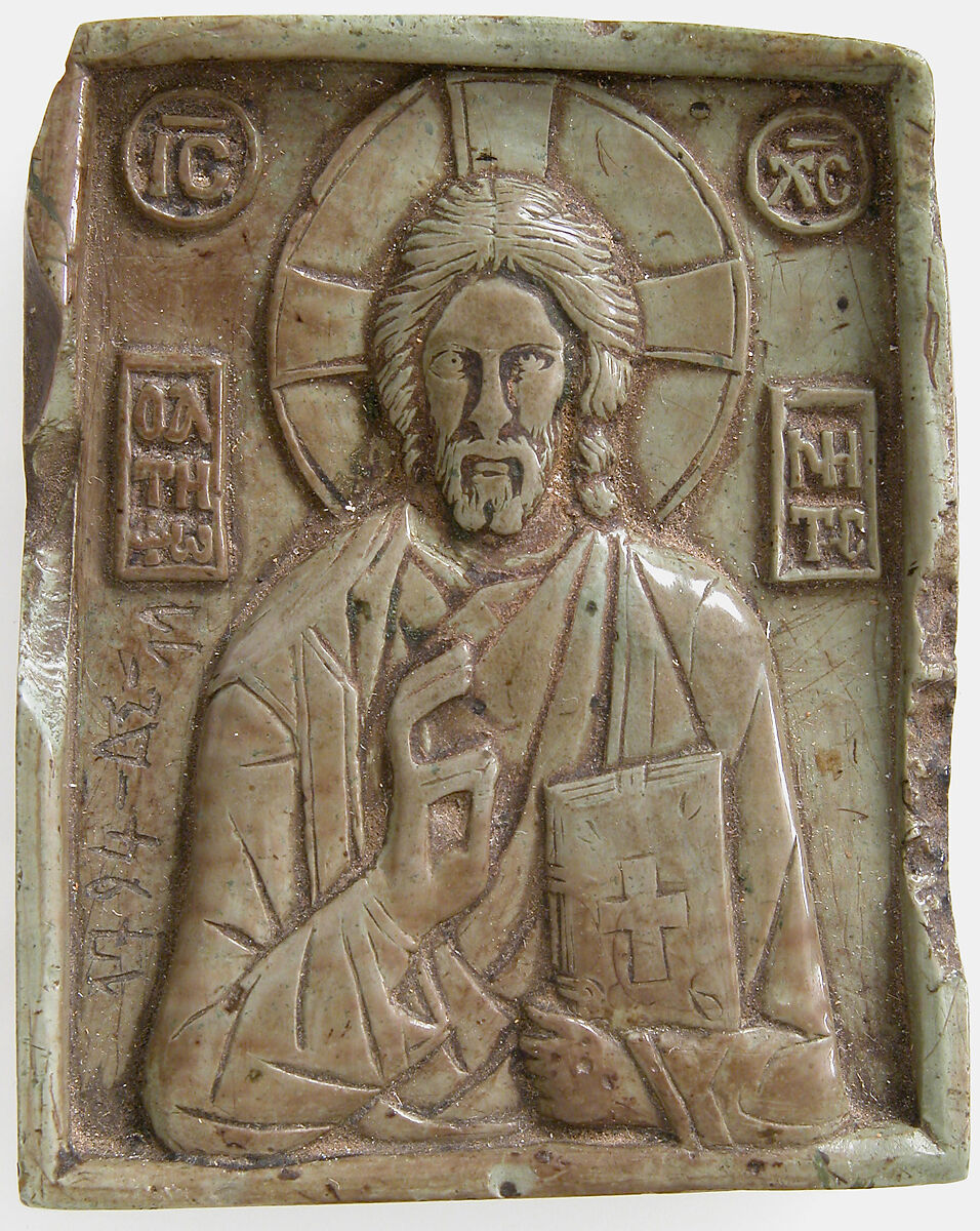 Icon with Christ Pantokrator, Steatite, green, Byzantine 