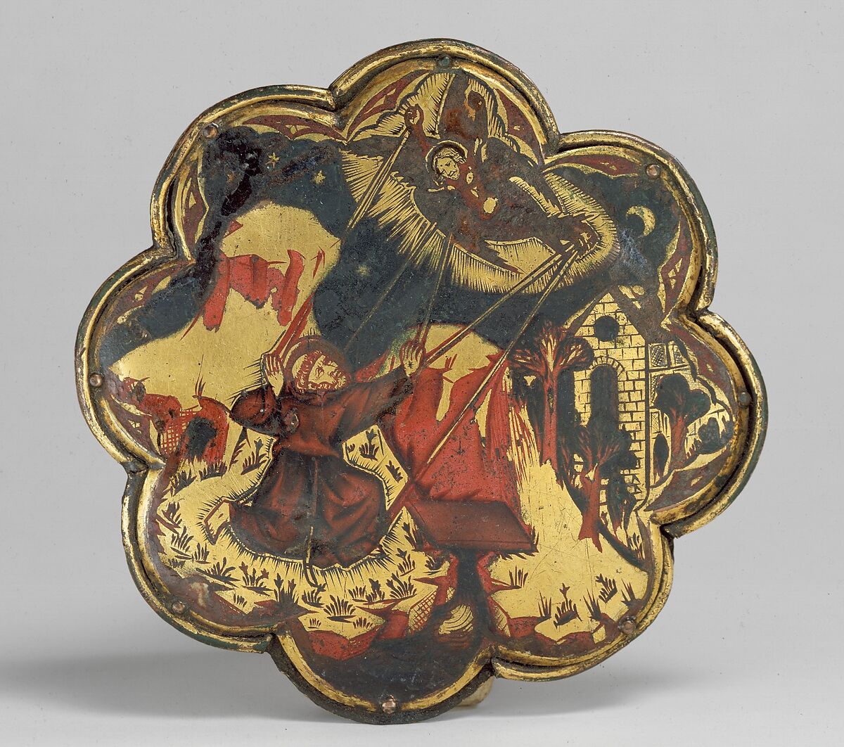 Morse with Saint Francis of Assisi Receiving the Stigmata, Gilded copper with translucent and champlevé enamel, Italian 