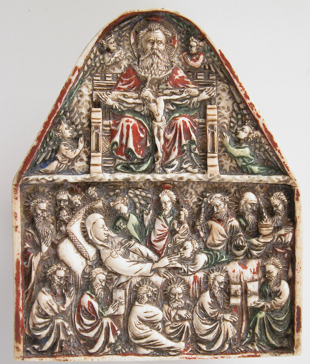 Plaque with the Trinity and the Dormition of the Virgin, Ivory with traces of polychromy, French 