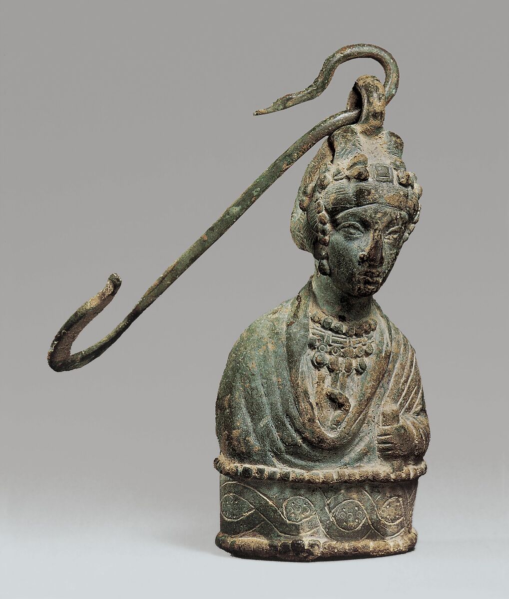 Steelyard Weight with a Bust of a Byzantine Empress and a Hook, Copper alloy, filled with lead, brass hook, Byzantine