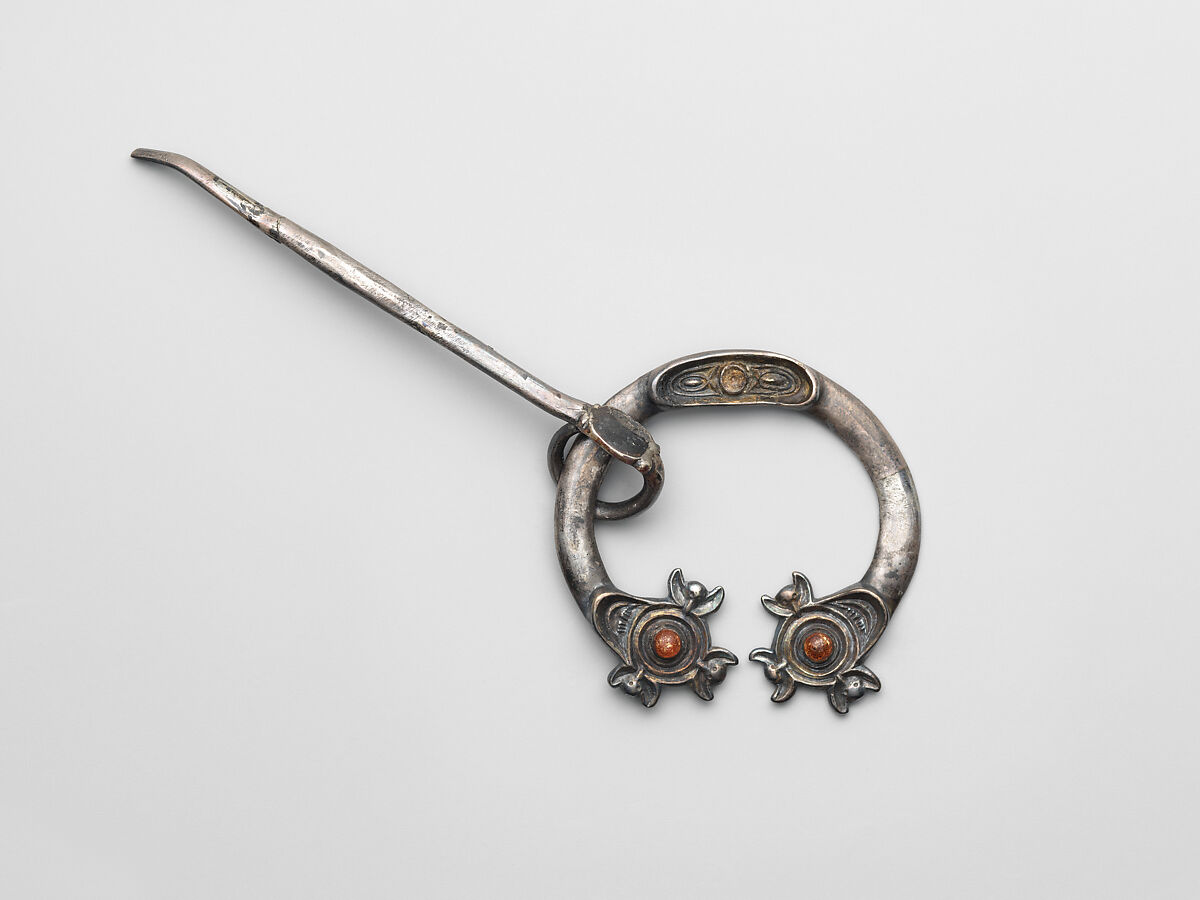 Open-Ring Brooch, Silver, cast and partially gilded; amber cabochons, Pictish or Irish