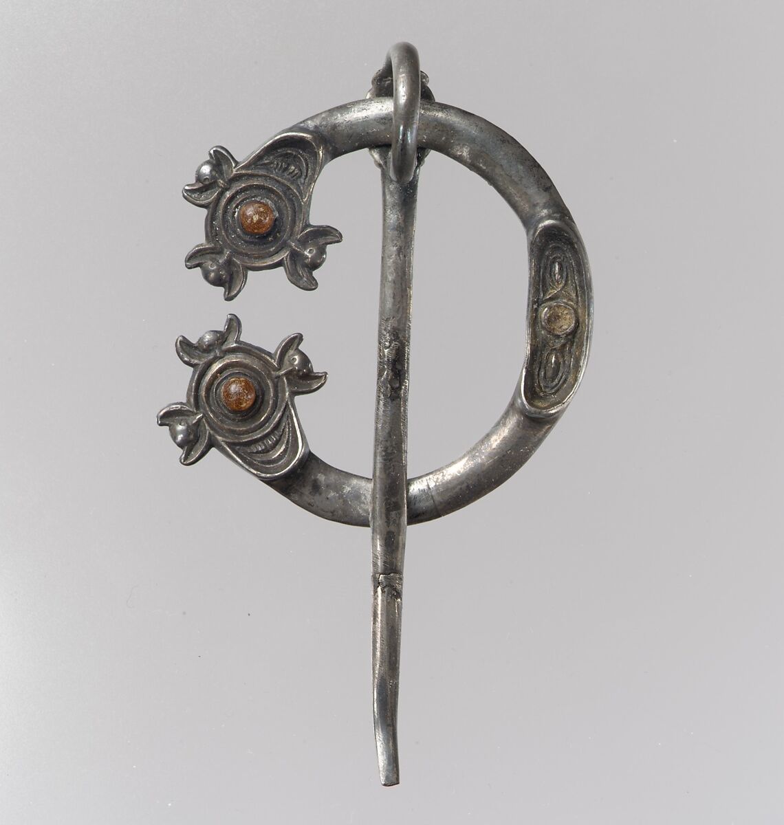 Open-Ring Brooch, Silver, cast and partially gilded; amber cabochons, Pictish or Irish 