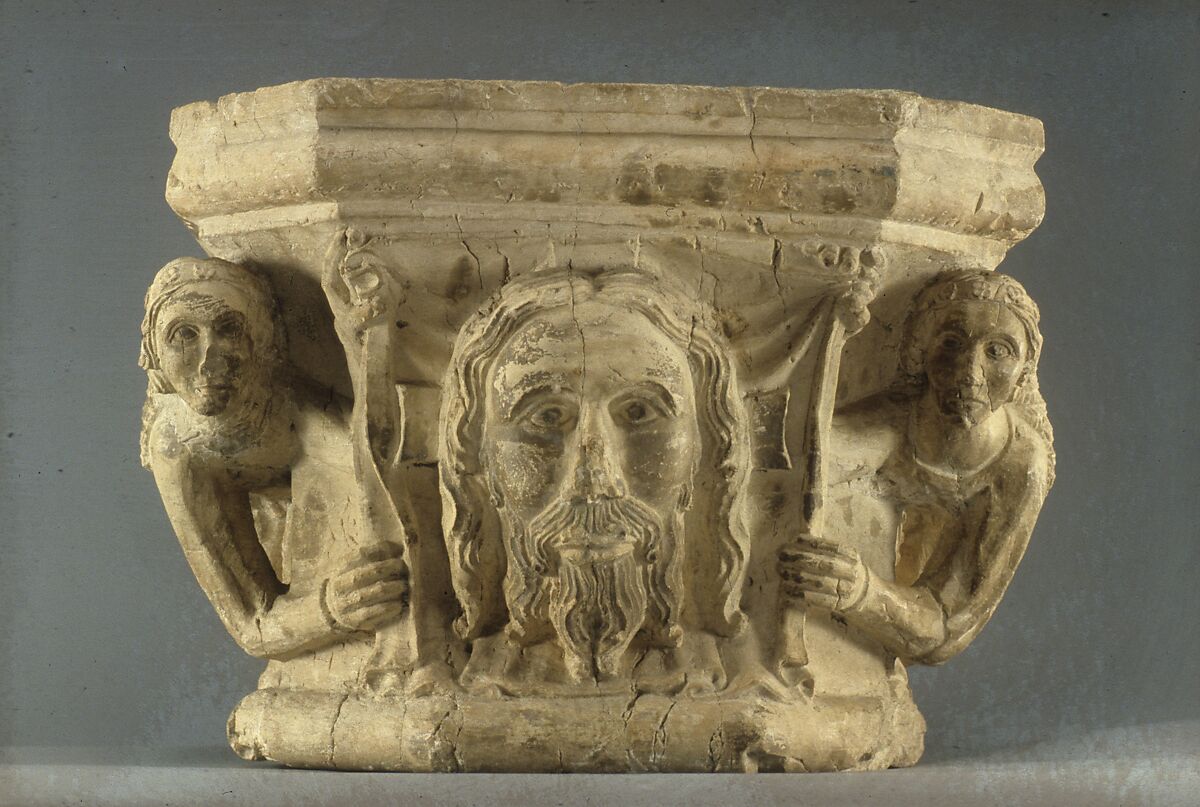 Capital with Angels Holding the Veil of Saint Veronica, with a Column, Limestone with traces of polychromy, North Italian