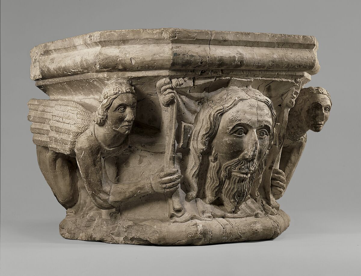 Capital with Angels Holding the Veil of Saint Veronica, with a Column, Limestone with traces of polychromy, North Italian