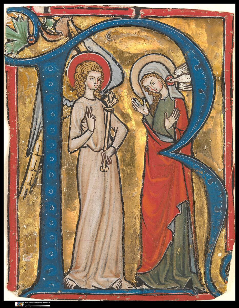 Manuscript Illumination with the Annunciation in an Initial R, from a Gradual, Tempera, ink and gold on parchment, Upper Rhenish 