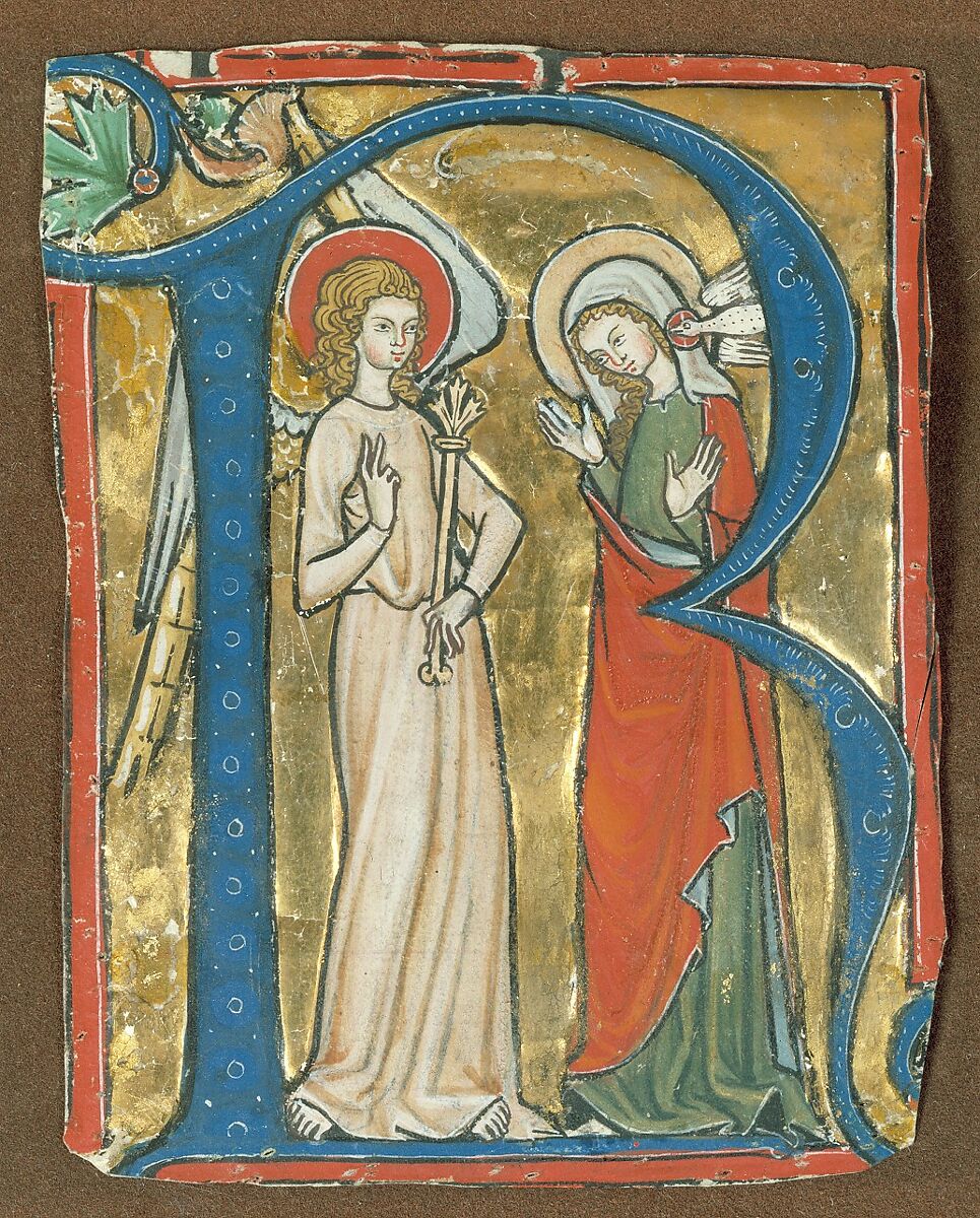 Manuscript Illumination with the Annunciation in an Initial R, from a Gradual, Tempera, ink and gold on parchment, Upper Rhenish