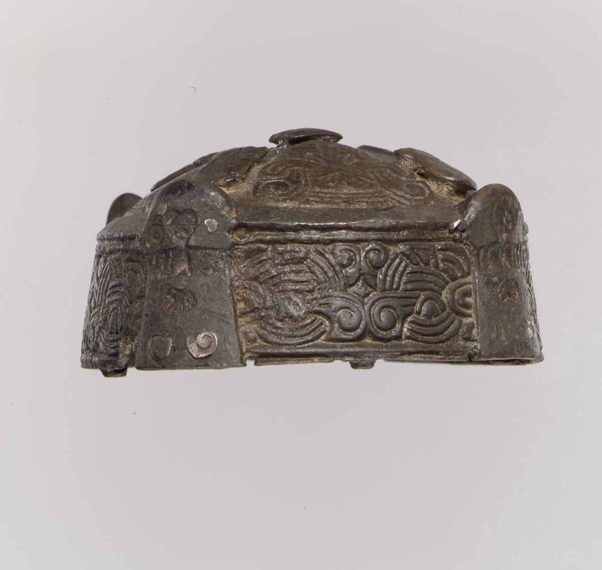 Round Box Brooch, Copper alloy, cast, selectively applied silver foil (OA XRD) ..., Viking 