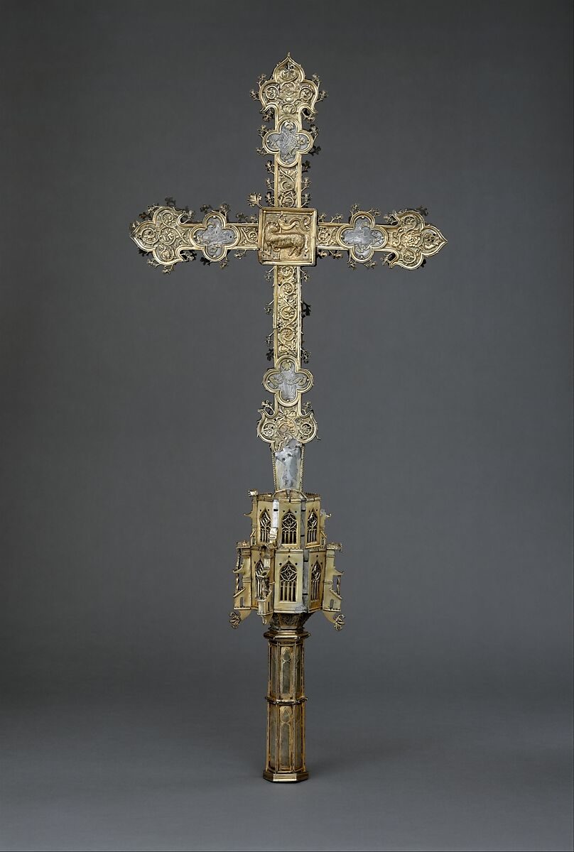 Processional Cross, Silver-gilt, with traces of enamel on walnut core, Spanish