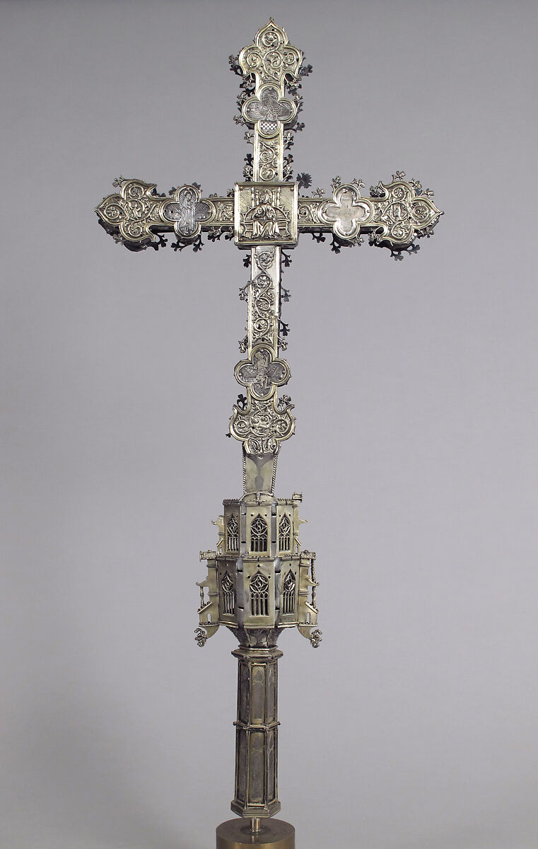 Processional Cross, Silver-gilt, with traces of enamel on walnut core, Spanish