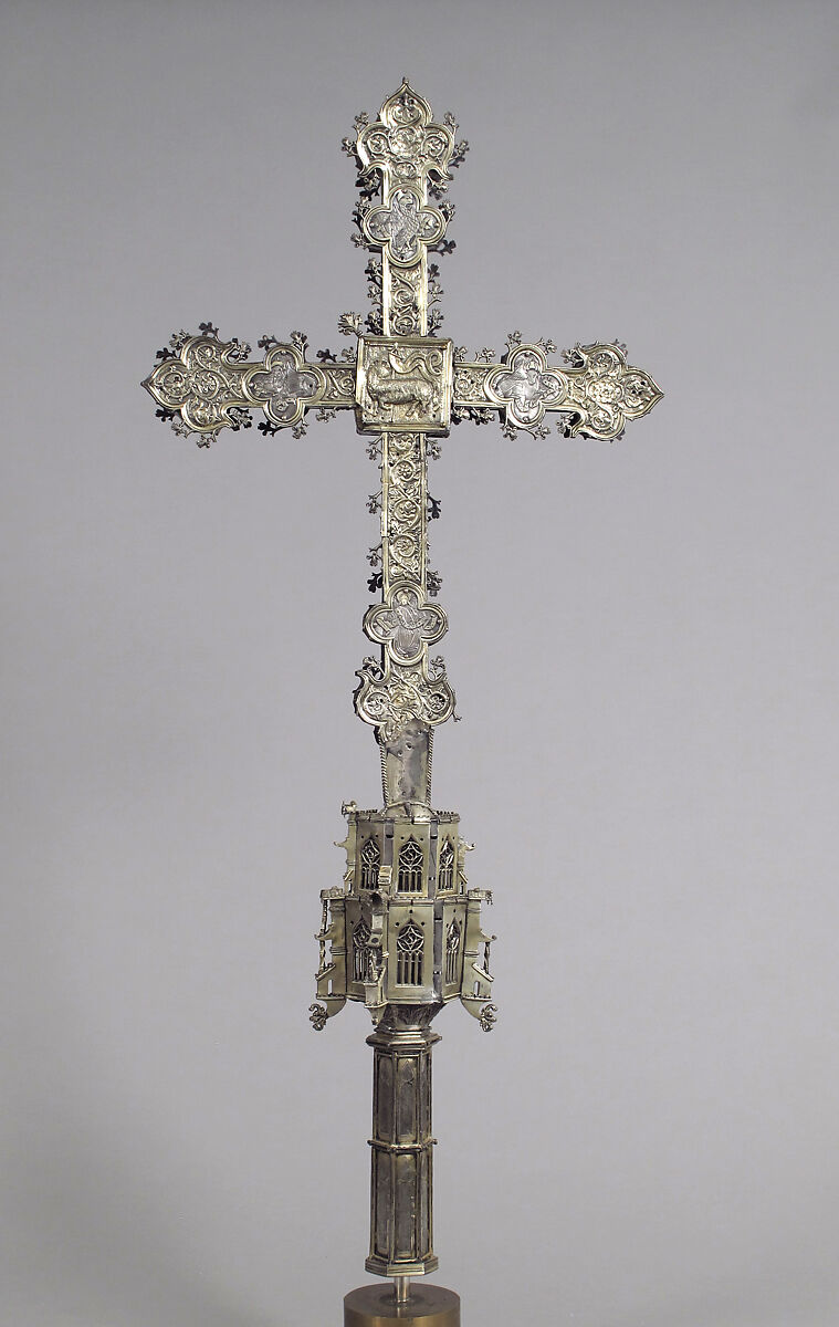 Processional Cross, Silver-gilt, with traces of enamel on walnut core, Spanish