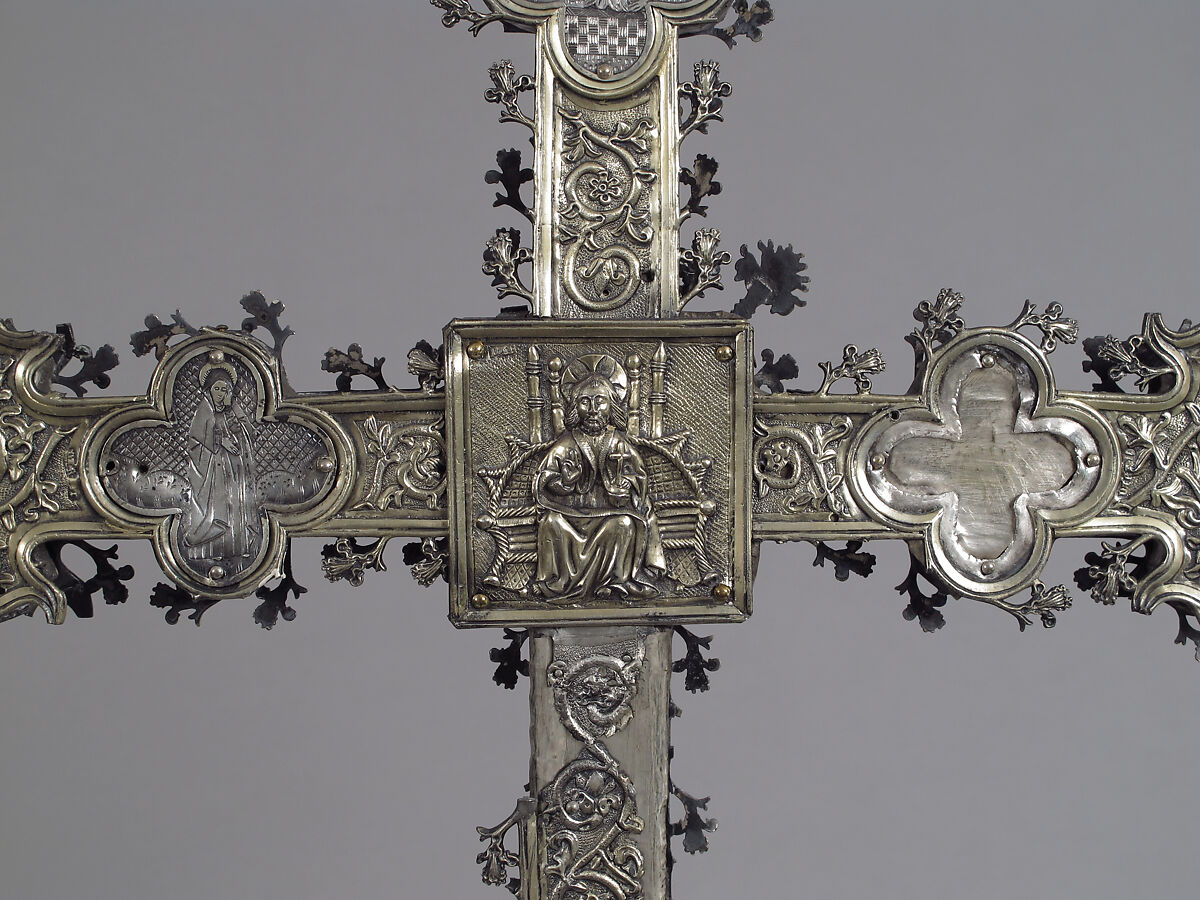 Processional Cross, Silver-gilt, with traces of enamel on walnut core, Spanish