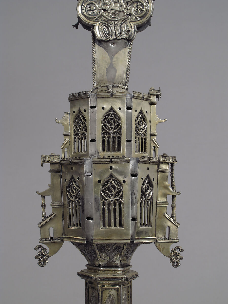 Processional Cross, Silver-gilt, with traces of enamel on walnut core, Spanish