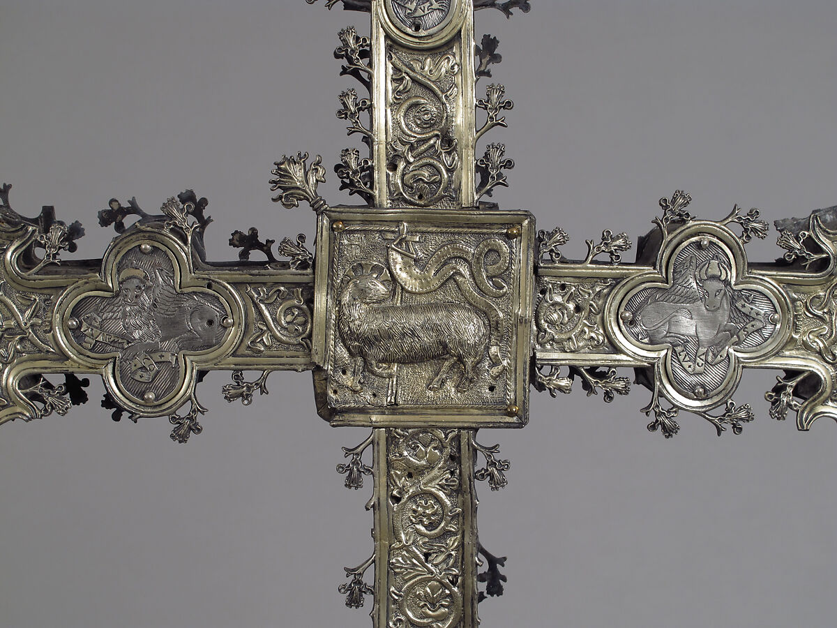 Processional Cross, Silver-gilt, with traces of enamel on walnut core, Spanish
