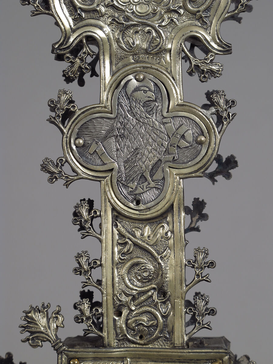 Processional Cross, Silver-gilt, with traces of enamel on walnut core, Spanish