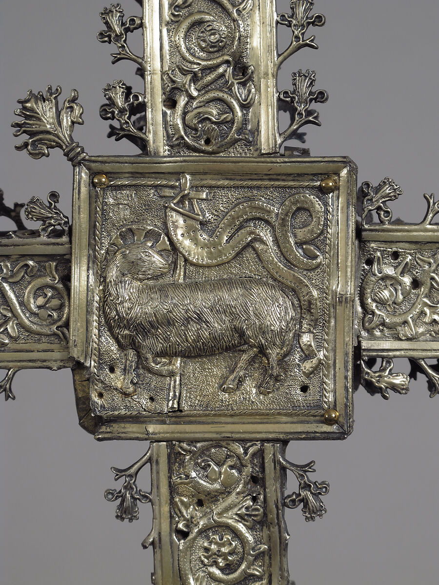 Processional Cross, Silver-gilt, with traces of enamel on walnut core, Spanish