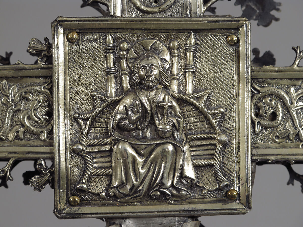 Processional Cross, Silver-gilt, with traces of enamel on walnut core, Spanish