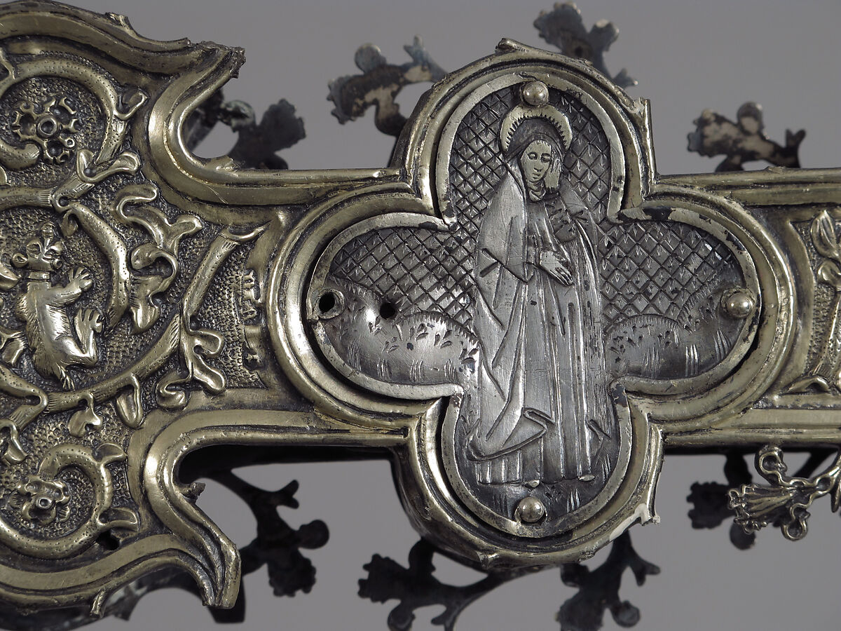 Processional Cross, Silver-gilt, with traces of enamel on walnut core, Spanish