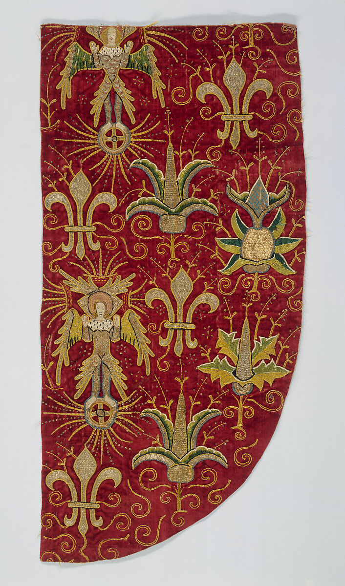 Opus Anglicanum (Chasuble), Silk and metallic threads on linen; appliqué on silk velvet foundation with silk embroidery and silver-gilt shot, British 