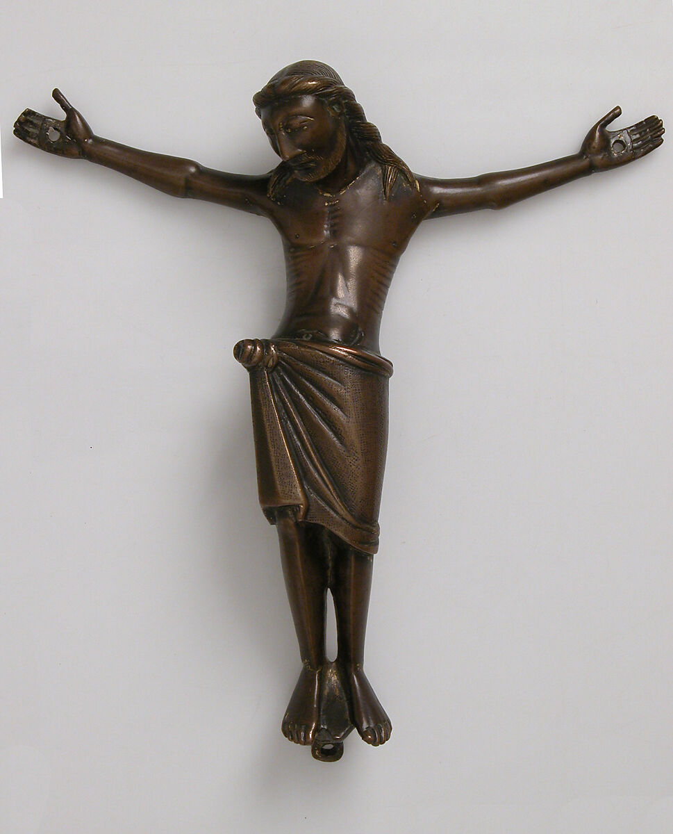 Crucified Christ, Cast copper alloy engraved and stippled, with traces of gilding, Mosan or Rhenish 