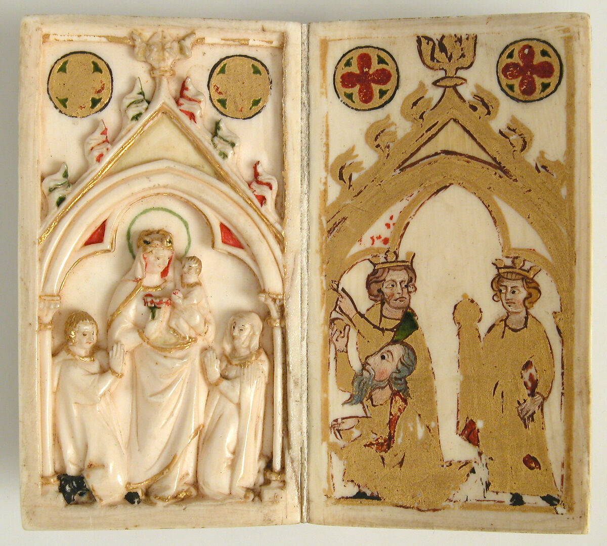Booklet with Scenes of the Passion, Elephant ivory, polychromy, and gilding, North French (carving); Upper Rhenish (painting)