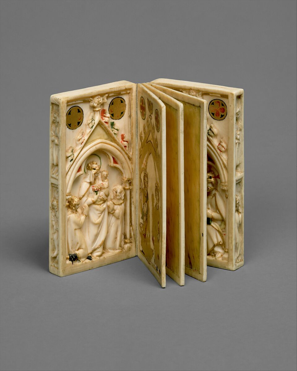 Booklet with Scenes of the Passion, Elephant ivory, polychromy, and gilding, North French (carving); Upper Rhenish (painting)